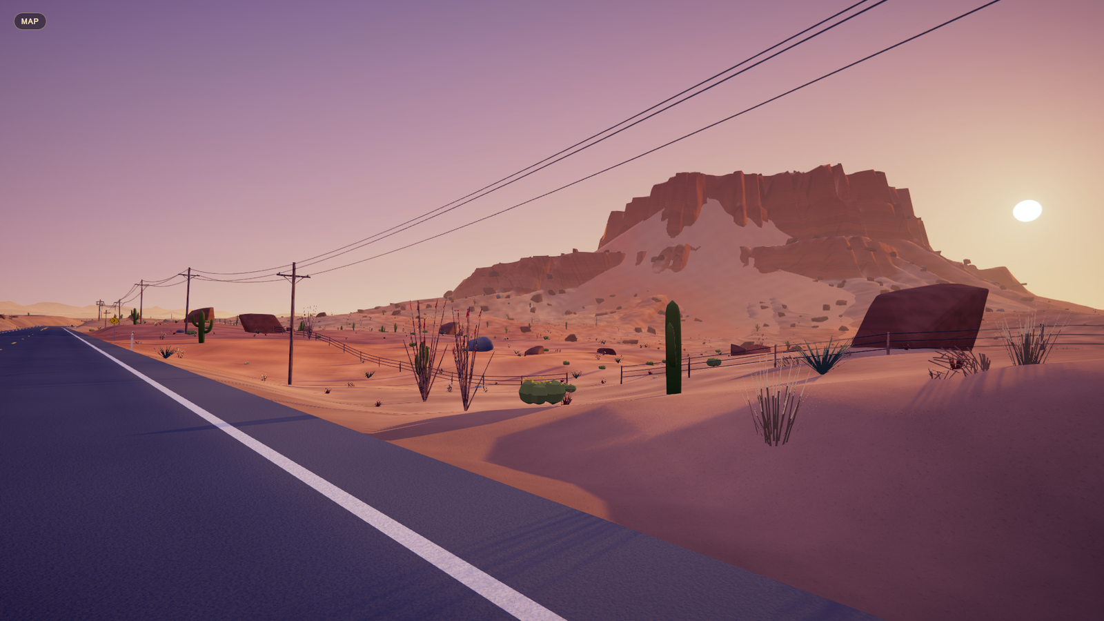 A desert highway winds past sunlit mesas in Somewhere in the middle